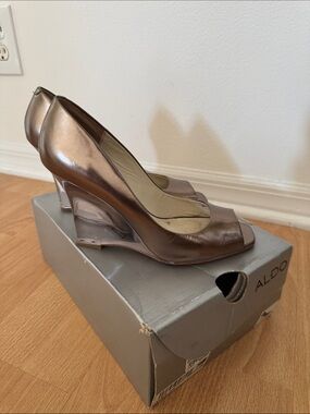 Aldo Metallic Open-Toe Heels with Clear Wedge